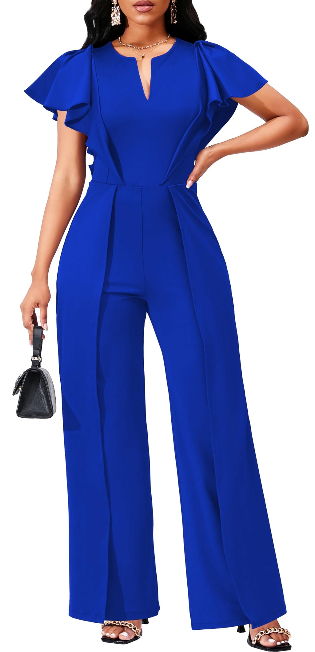 SxClub Jumpsuits for Women Dressy Formal Ruffle Long Straight Pants Jumpers | Women's Wedding Guest Jumpsuit Casual Ruffles Cap Short Sleeve Wide Leg Pants Club Outfit