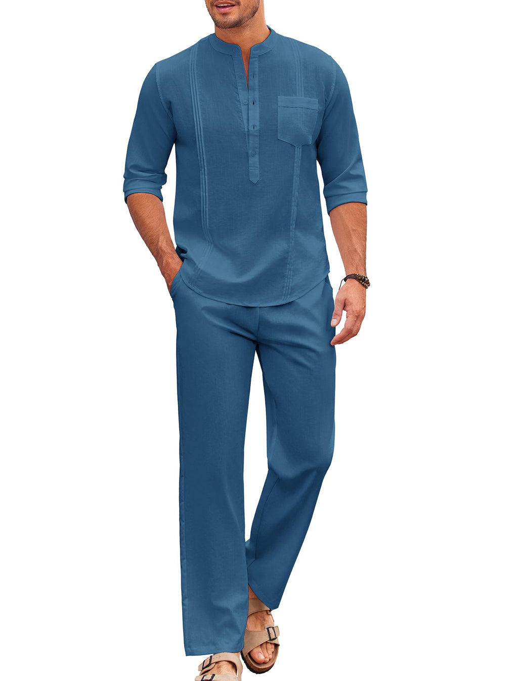 COOFANDY Men's 2 Piece Cotton Sets Casual Long Sleeve Cuban Henley Shirt and Loose Pants Set Beach Vacation Outfits