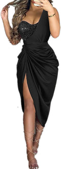 xxxiticat Women's Sequin Satin Dress Sleeveless Black Sparkly One Shoulder Split Ruched Silky Cocktail Party Midi Dresses