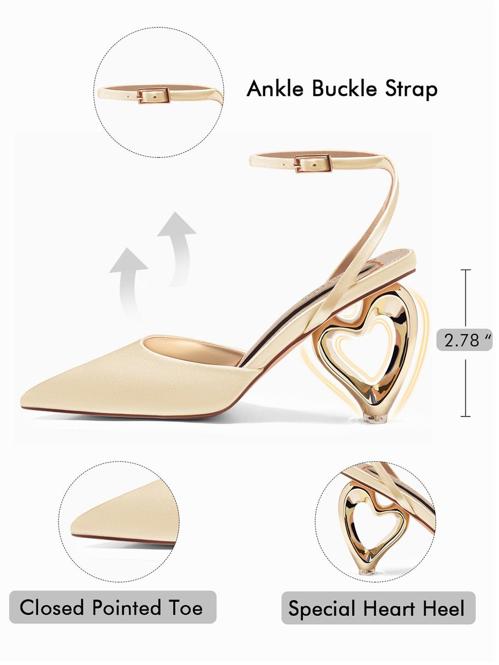 Coutgo Womens Kitten Heels Closed Pointed Toe Heart Heel Ankle Strap Satin Pumps Wedding Prom Dress Valentine Shoes