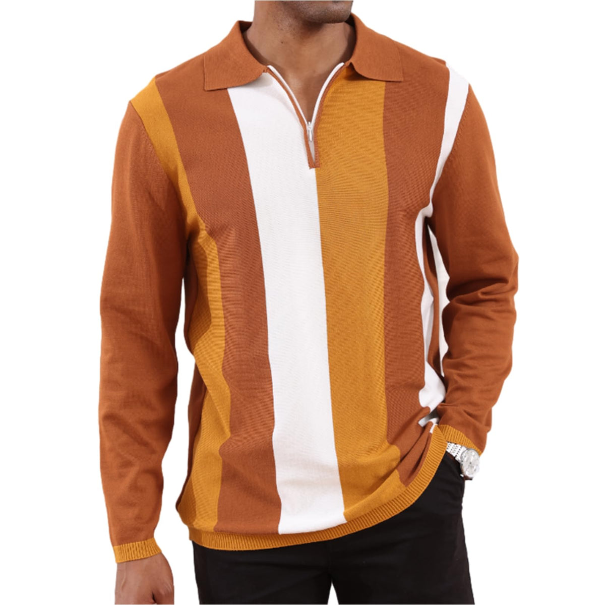CTU Mens Casual Polo Shirts Vintage Striped Knit Golf Shirts Slim Fit Tops | Fashion,Pullover Dress Shirts,Collared with Zipper,Short Sleeve,Color Blocking,Suit for Daily Casual,Business,Work,Golf