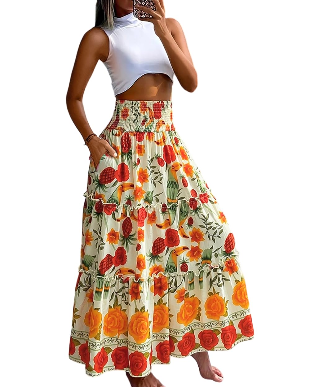 CHICME Women's Boho Floral Summer Maxi Skirt with Pockets Vacation Outfit | Shirred High Waist, Ruffle Hem, Lightweight Comfortable Fabric, A-Line Long Flowy Skirt for Beach, Travel & Daily Wear