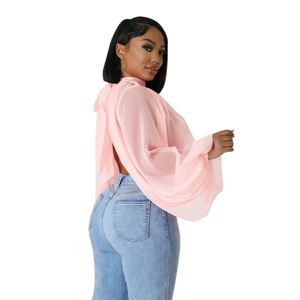 acelyn Women's Sexy See Through Chiffon Sheer Blouses Tops | Lantern Sleeve, Front Back Open, High Neck, Self Tie, Shawl Casual Shirts,Blouses Tops