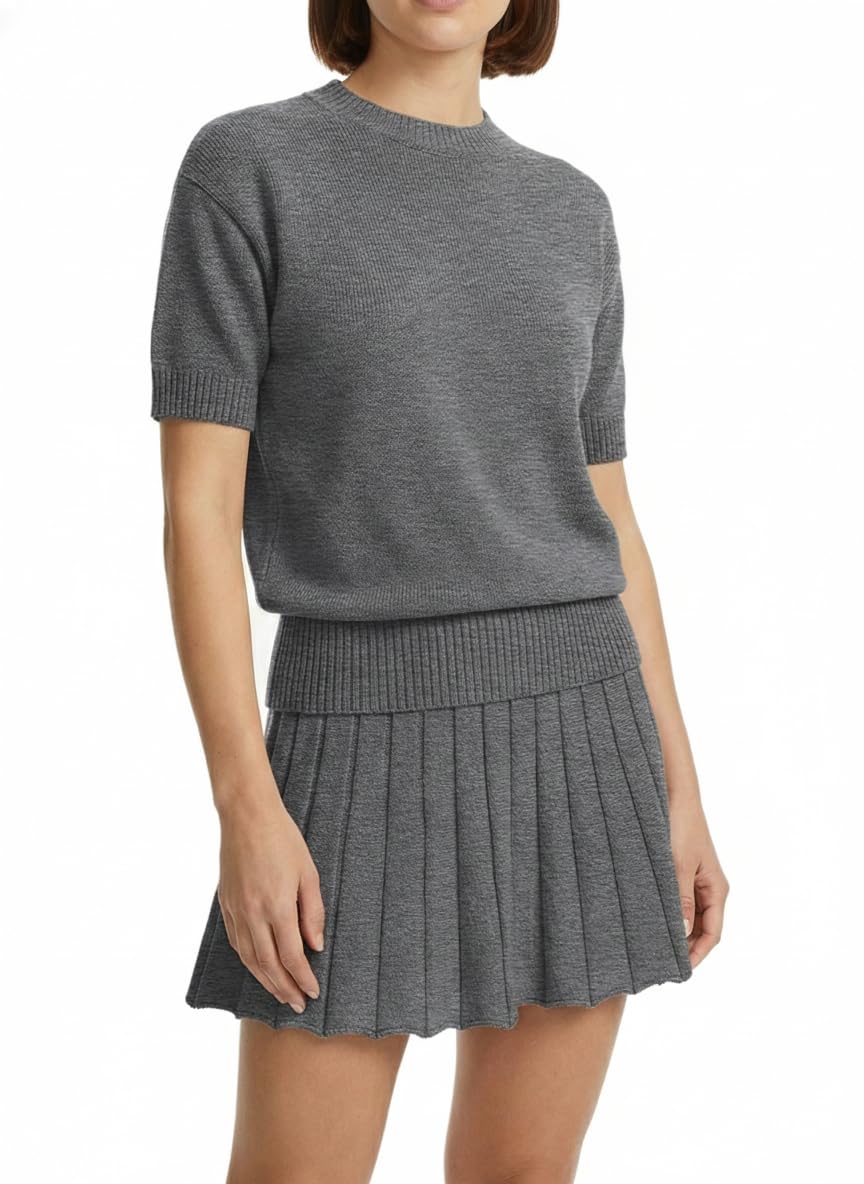 Womens 2 Piece Outfits 2026 Short Sleeve Crewneck Knit Tops And Pleated Mini Skirt Two Piece Sets