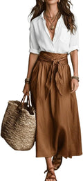 Women Boho Contrast 2 Piece Outfit, Long Sleeve Button Down Shirt & Tie Waist Flowy Midi Skirt Casual Vacation Set
