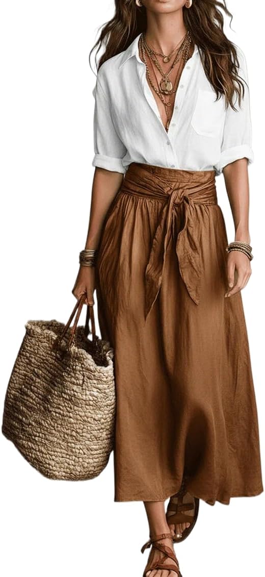 Women Boho Contrast 2 Piece Outfit, Long Sleeve Button Down Shirt & Tie Waist Flowy Midi Skirt Casual Vacation Set