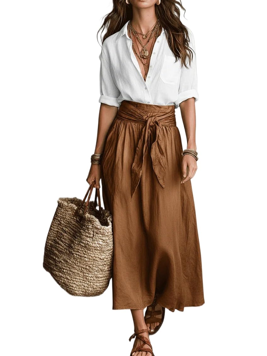 Women Boho Contrast 2 Piece Outfit, Long Sleeve Button Down Shirt & Tie Waist Flowy Midi Skirt Casual Vacation Set