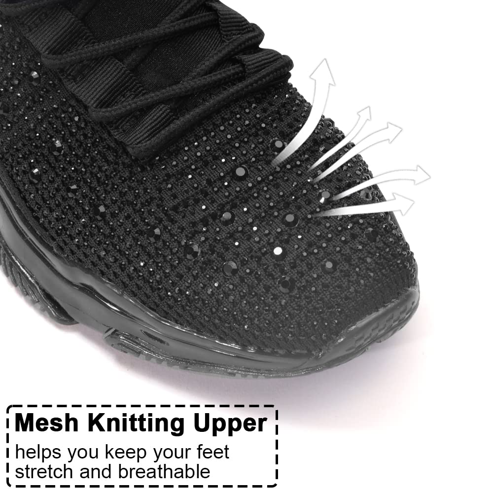 BELOS Women Rhinestone Mesh Slip On Walking Shoes | Fashion Breathable Spakle Glitter Sneaker