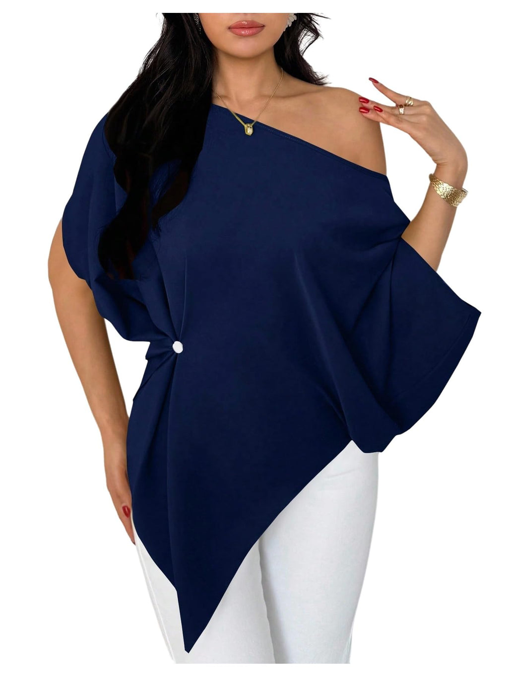 SHENHE Women's Off Shoulder Dolman Sleeve Blouses Asymmetrical Flowy Tops | Casual, Loose, Blouses With Waist Pleats, Asymmetrical, Elegant