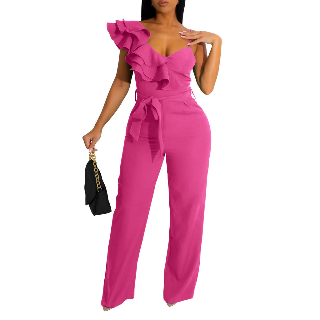 kaimimei Womens Casual Jumpsuits Ruffle One Shoulder Wide Leg Belted Romper | Designed with Pockets,Adjustable Strap,Sexy V-Neck Sleeveless,Backless,for Parties, Clubs,Wedding,Event,Outing