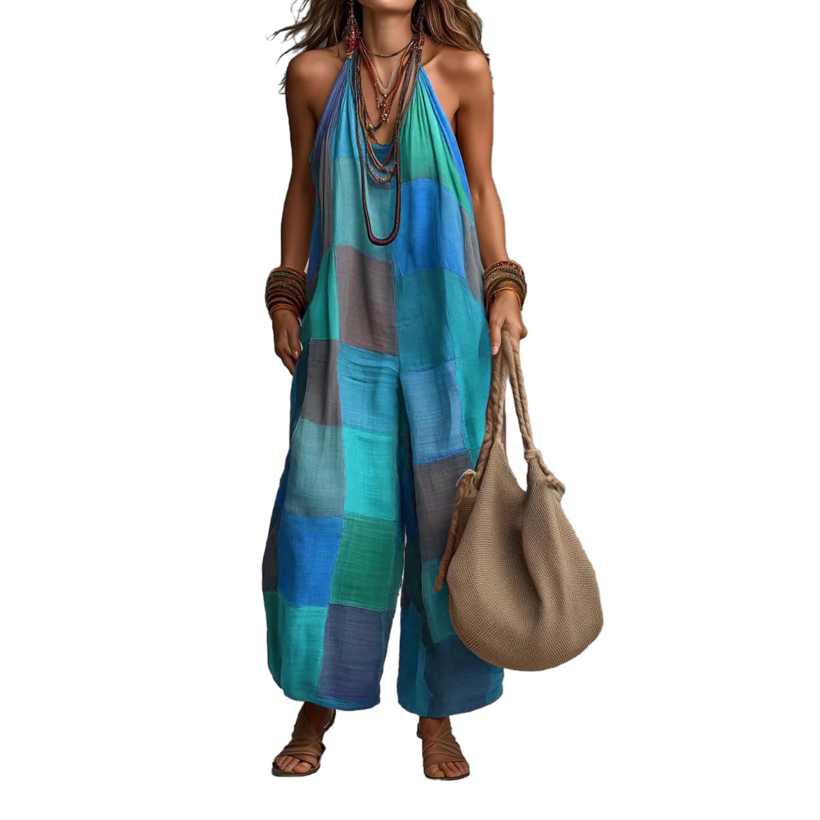 REASERAL Womens Boho Halter Jumpsuits Color Block Wide Leg Sleeveless Backless Casual Beach Vacation Summer Jumpsuit