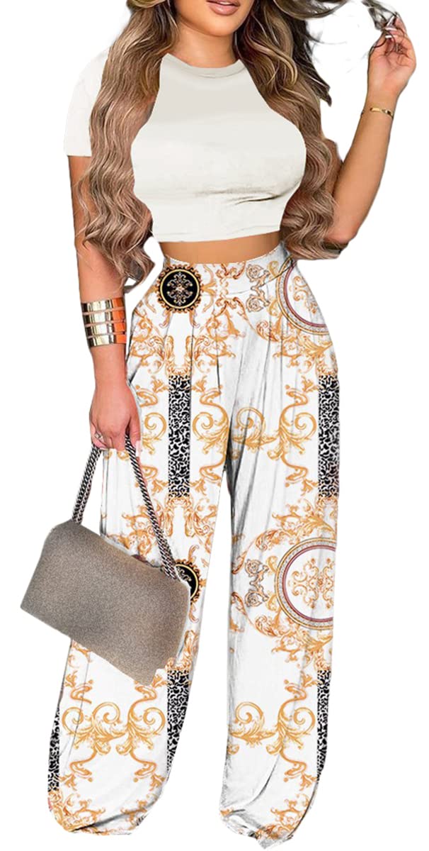 2 Piece Outfits for Women Short Sleeve Crop Top High Waist Wide Leg Long Pant Sets Tracksuit Sport Set