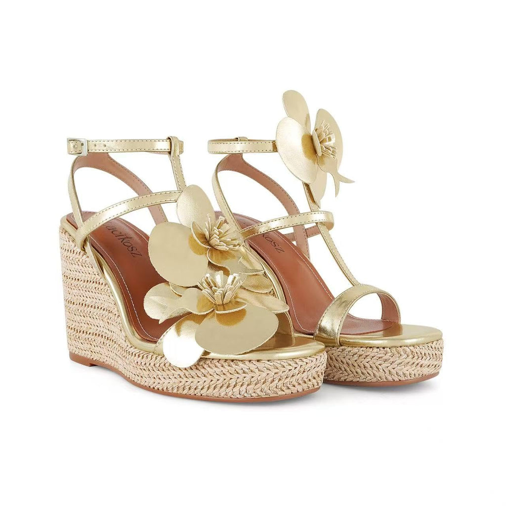 LACIKOS Flowers Wedge Sandals For Women Strappy Raffia Platform Heels | Comfortable Open Toe Espadrilles Casual Ankle Wrap Beach Vacation Wedding