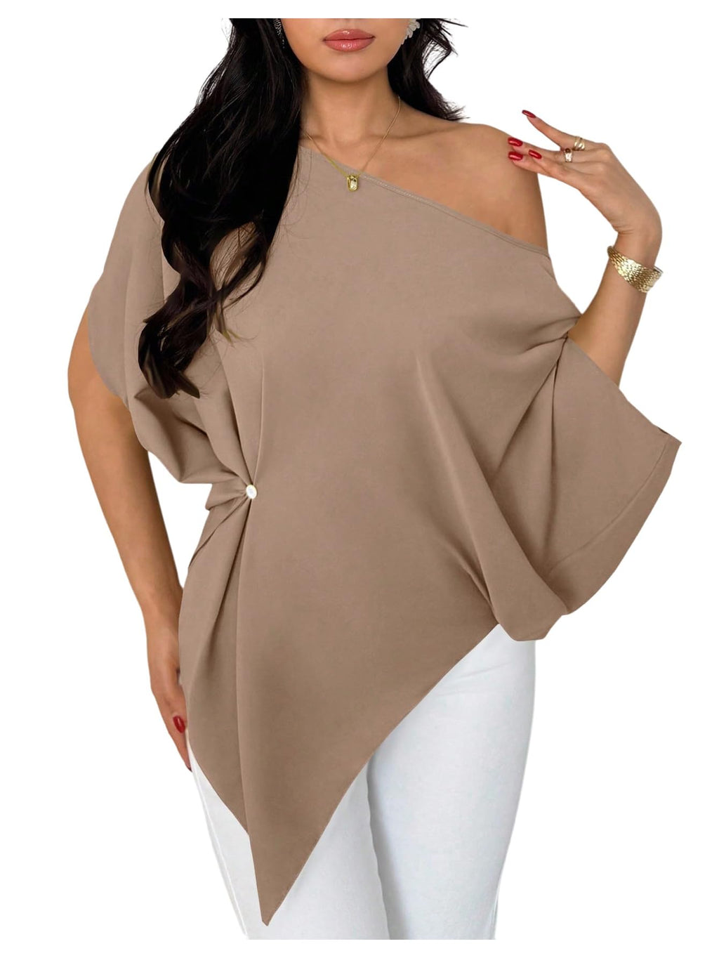 SHENHE Women's Off Shoulder Dolman Sleeve Blouses Asymmetrical Flowy Tops | Casual, Loose, Blouses With Waist Pleats, Asymmetrical, Elegant