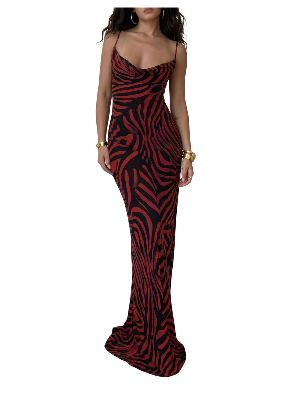 OYOANGLE Women's Zebra Spaghetti Strap Maxi Dresses Cowl Neck Bodycon Dress | Zebra Print, Spaghetti Strap, Maxi Dresses, Sleeveless, Cowl Neck, Formal Bodycon Dress