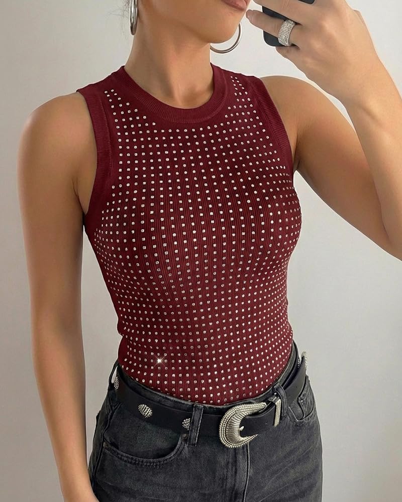 CHICME Women's Sleeveless Rhinestone Tank Tops Summer Sparkly Ribbed Tops | Basic Tank Tops for Women, Sleeveless Sparkly Tops, Ribbed Knit Fabric, Slim Fit Party Concert Y2K Outfit
