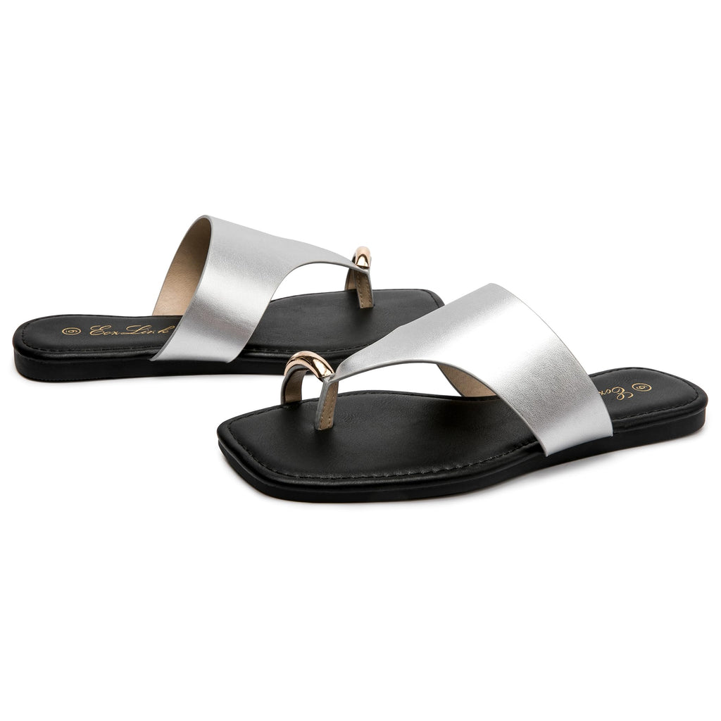 Eozlink Women's Toe Ring Flat Sandals, Slip On Dressy Summer Slides | PU Upper with Square Toe and Metal Accent for Resort and Casual Outfits