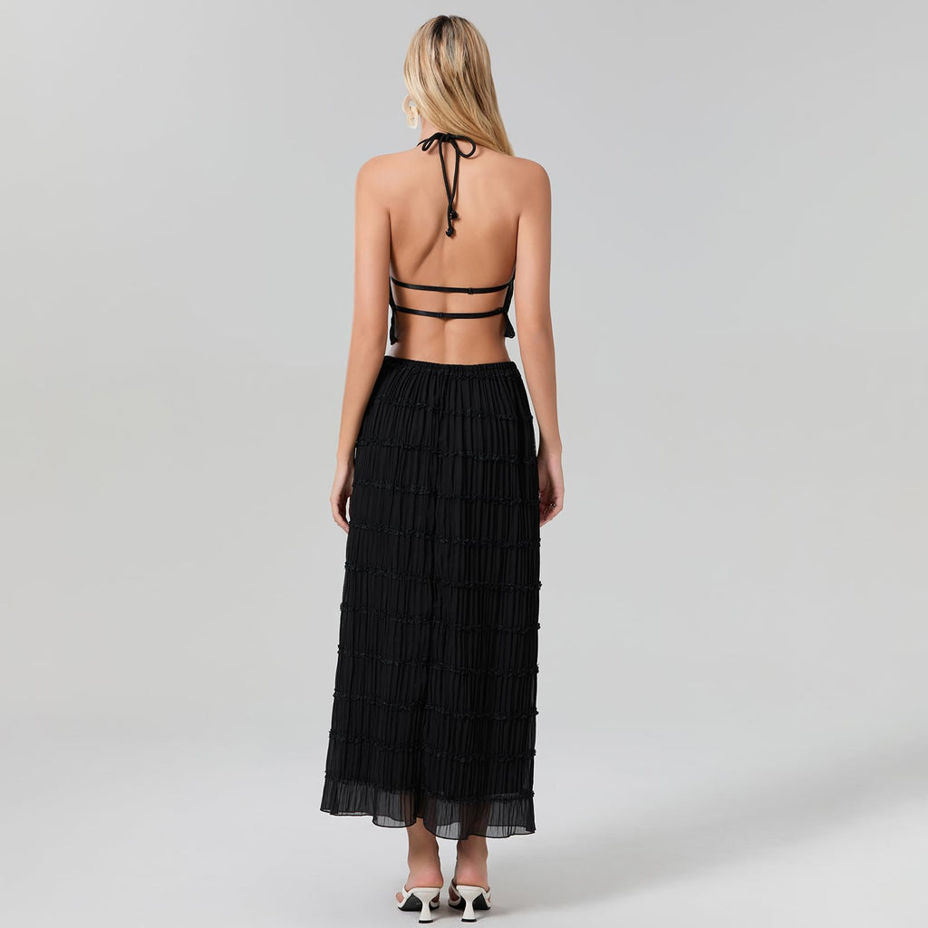 Women Y2K Skirt Set Outfits Strapless Crop Top Bodycon Midi Skirt Dress Sexy 2 Piece Knit Outfits Skirt Summer