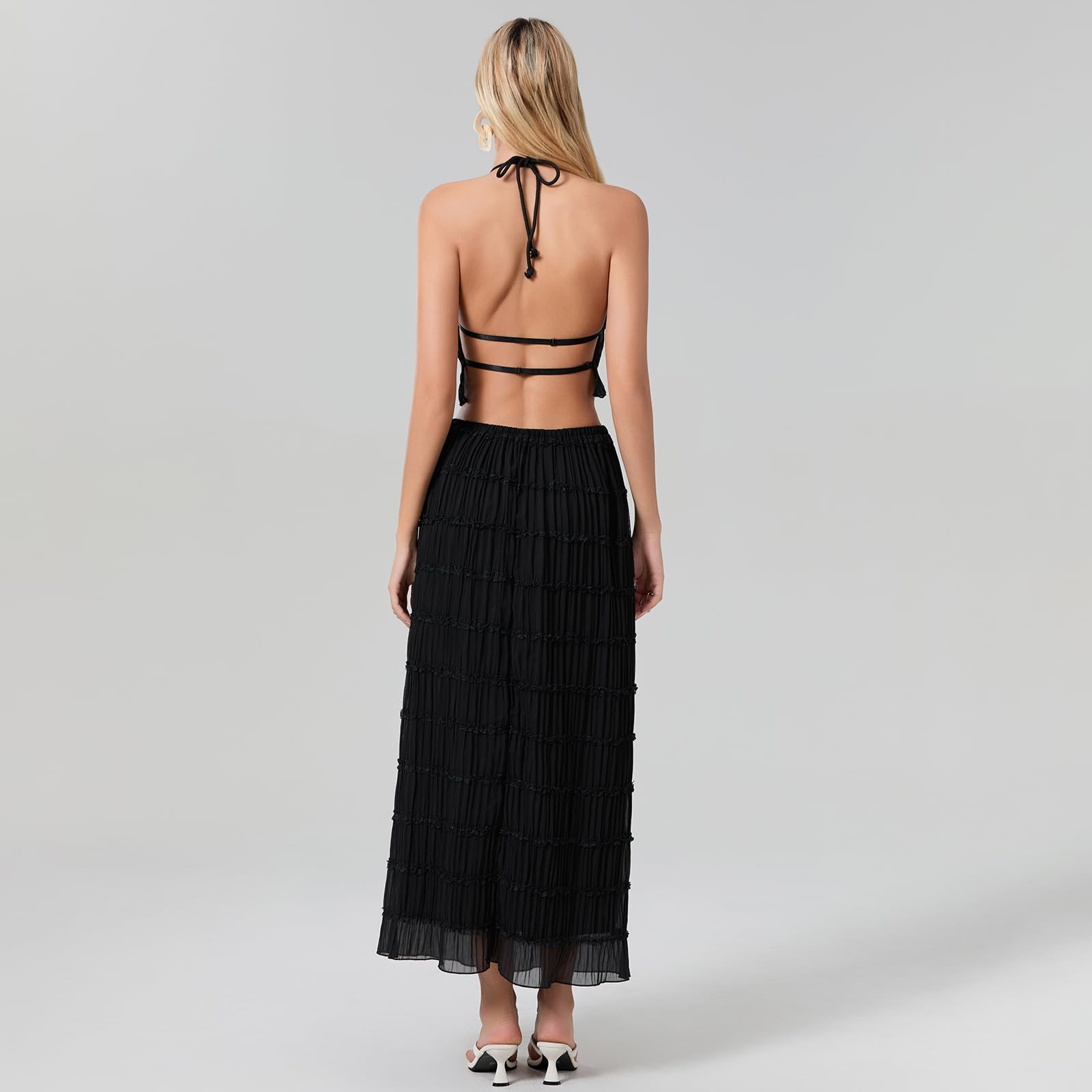 Women Y2K Skirt Set Outfits Strapless Crop Top Bodycon Midi Skirt Dress Sexy 2 Piece Knit Outfits Skirt Summer