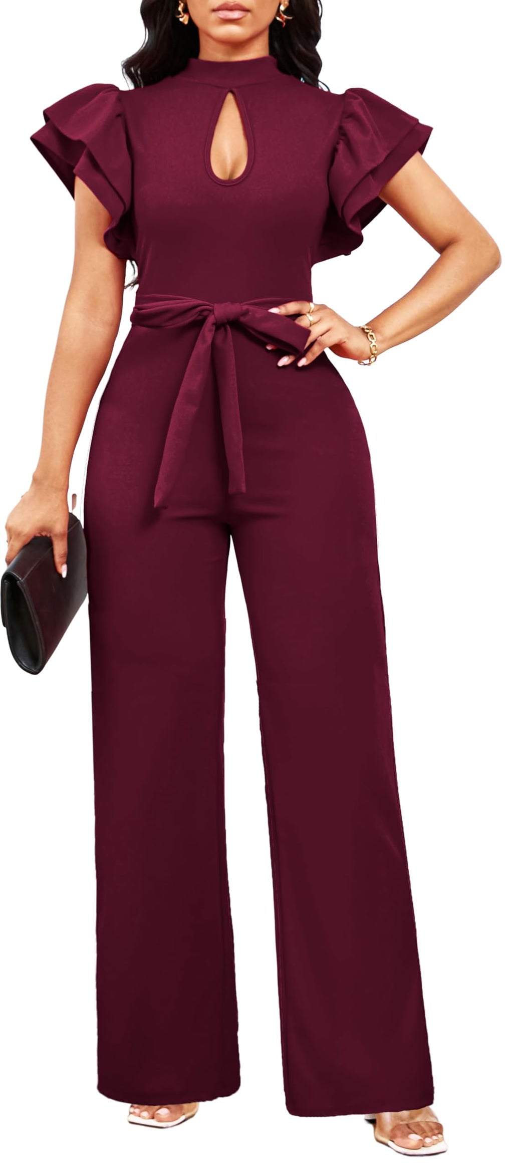SxClub Jumpsuits for Women Dressy Formal Ruffle Long Straight Pants Jumpers | Women's Wedding Guest Jumpsuit Casual Ruffles Cap Short Sleeve Wide Leg Pants Club Outfit