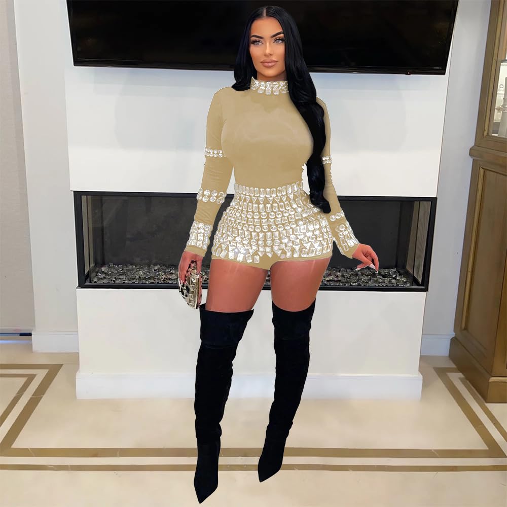 chicyes Women's Jumpsuits Sexy Long Sleeve Date Night Rompers Rhinestone Sparkly Party Club Spring Outfits Fall Concert
