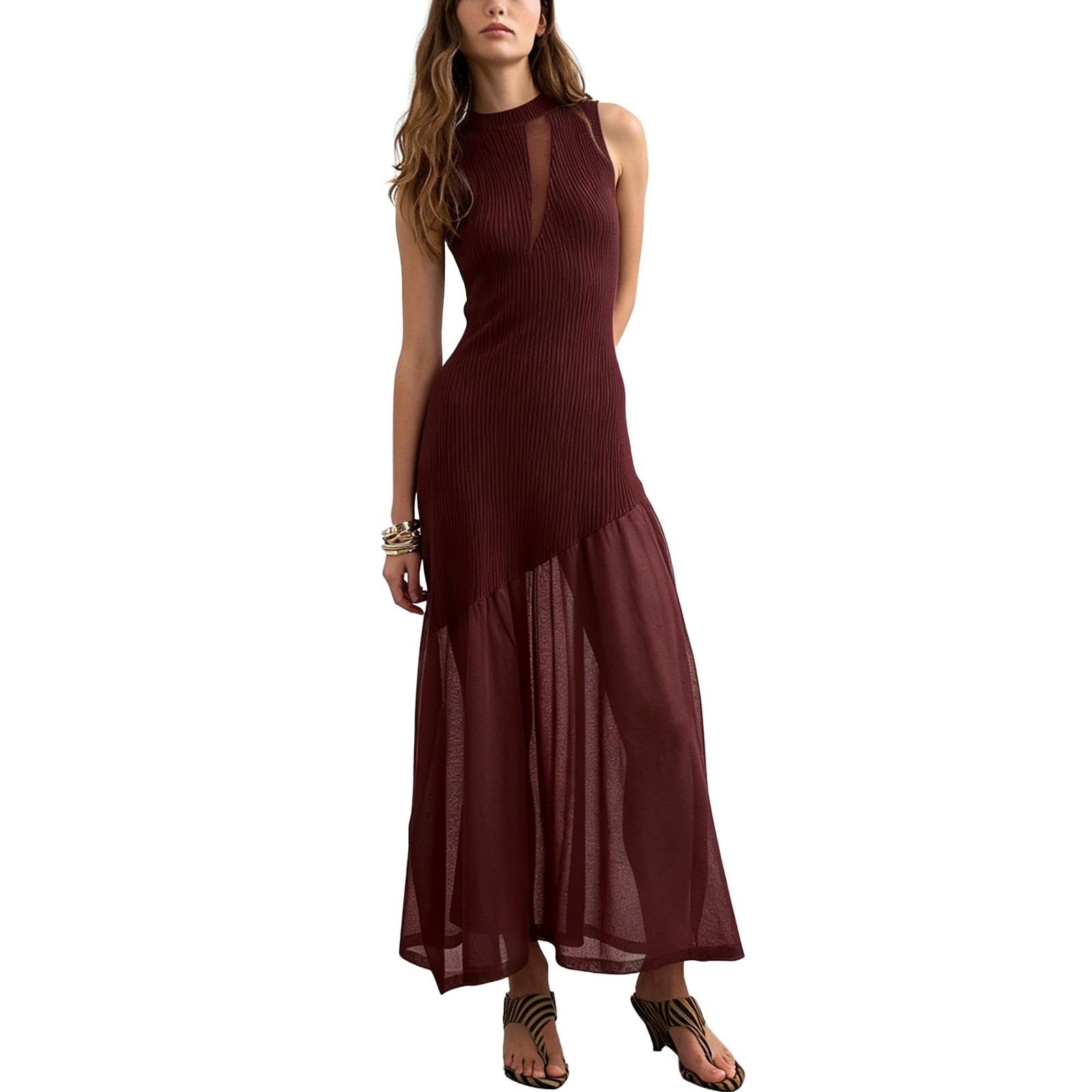 Women's Washed Faux Denim Patchwork Maxi Dress with Sheer Layered Skirt Hem Swing Ruffle Jean Dress for Casual Vacations
