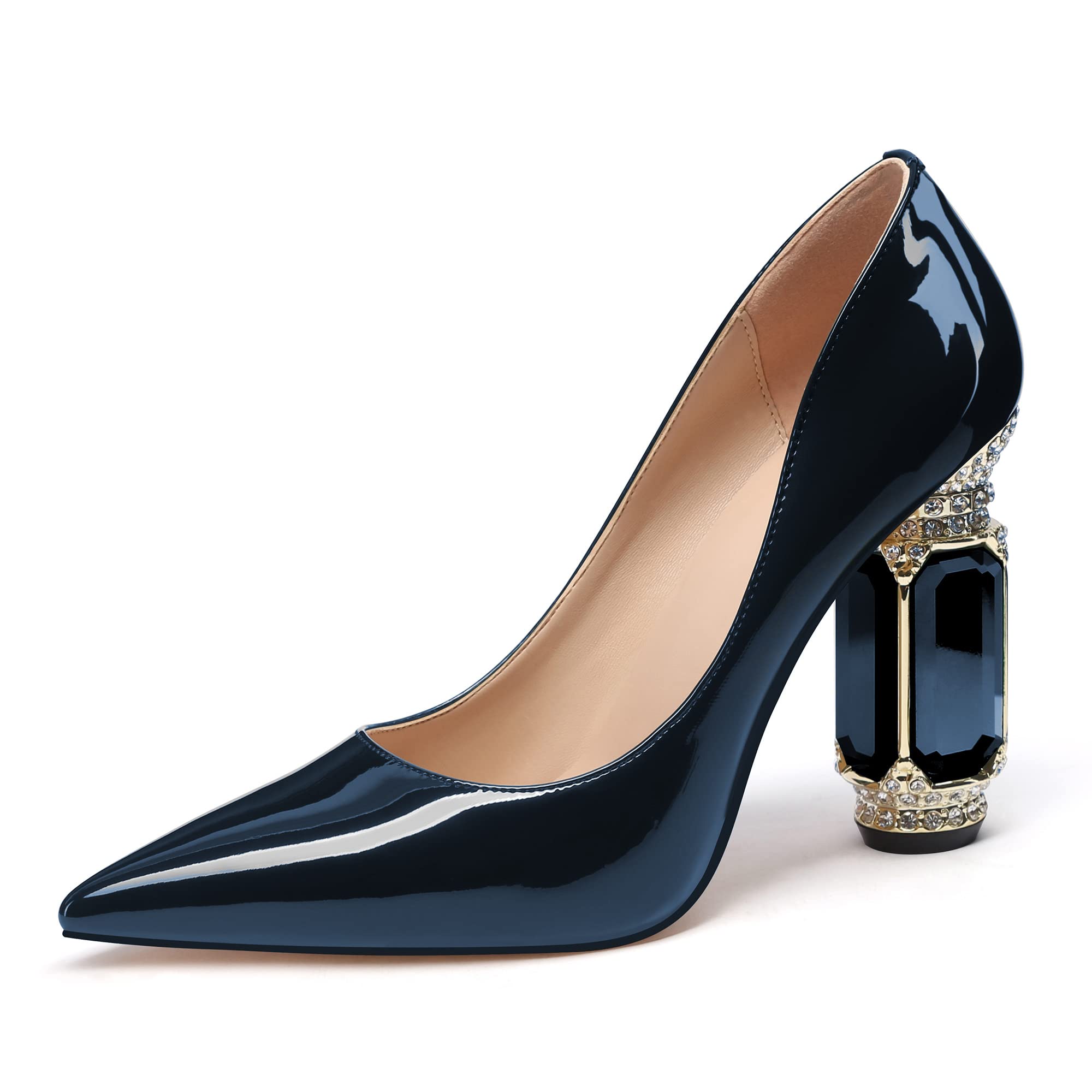 JANSEVEN Women Chunky Heels Pumps Crystal Block Heels with Rhinestones Pointed Toe Sexy Gradient Patent Leather Slip on Bridal Party Wedding Dress Shoes 5-13 M US