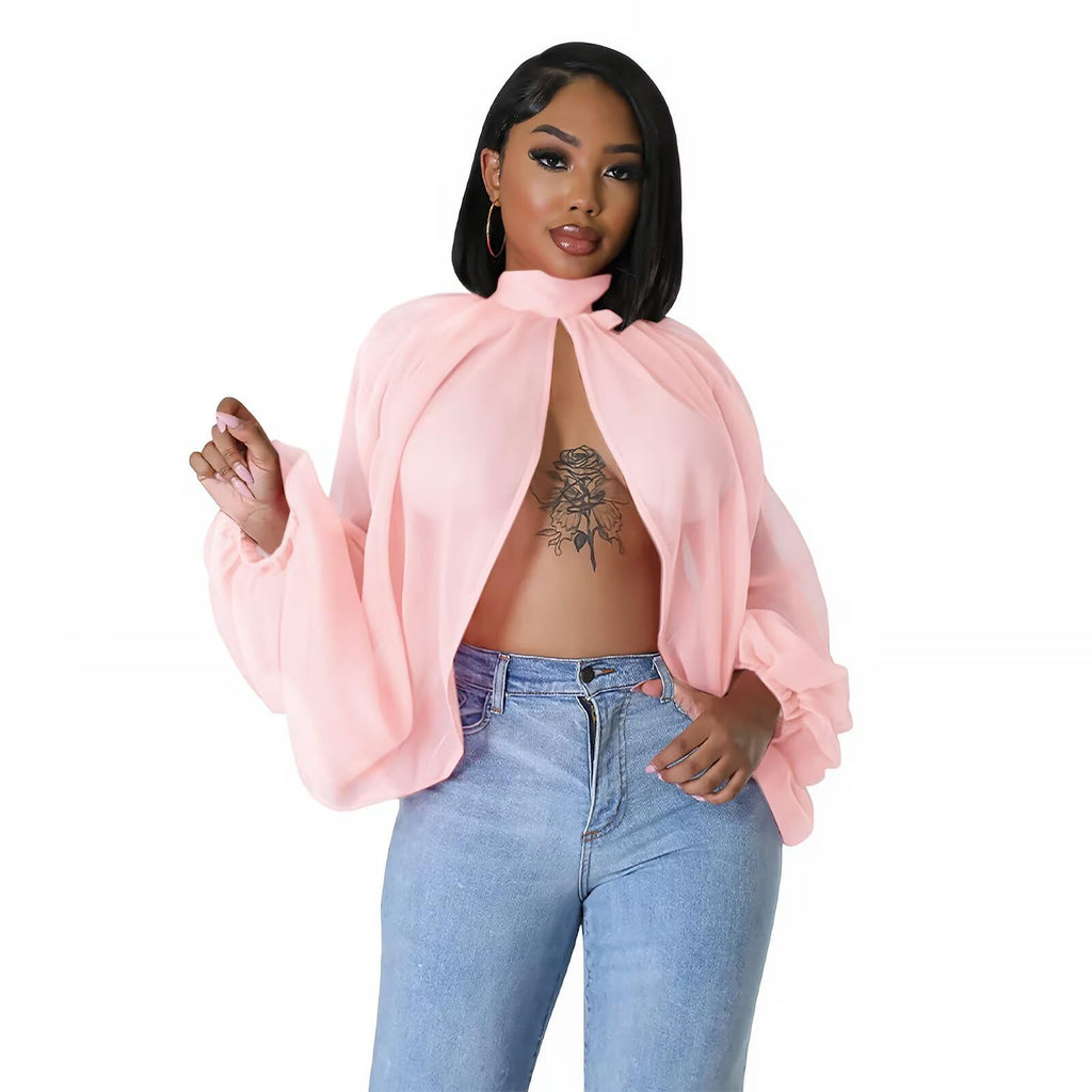 acelyn Women's Sexy See Through Chiffon Sheer Blouses Tops | Lantern Sleeve, Front Back Open, High Neck, Self Tie, Shawl Casual Shirts,Blouses Tops