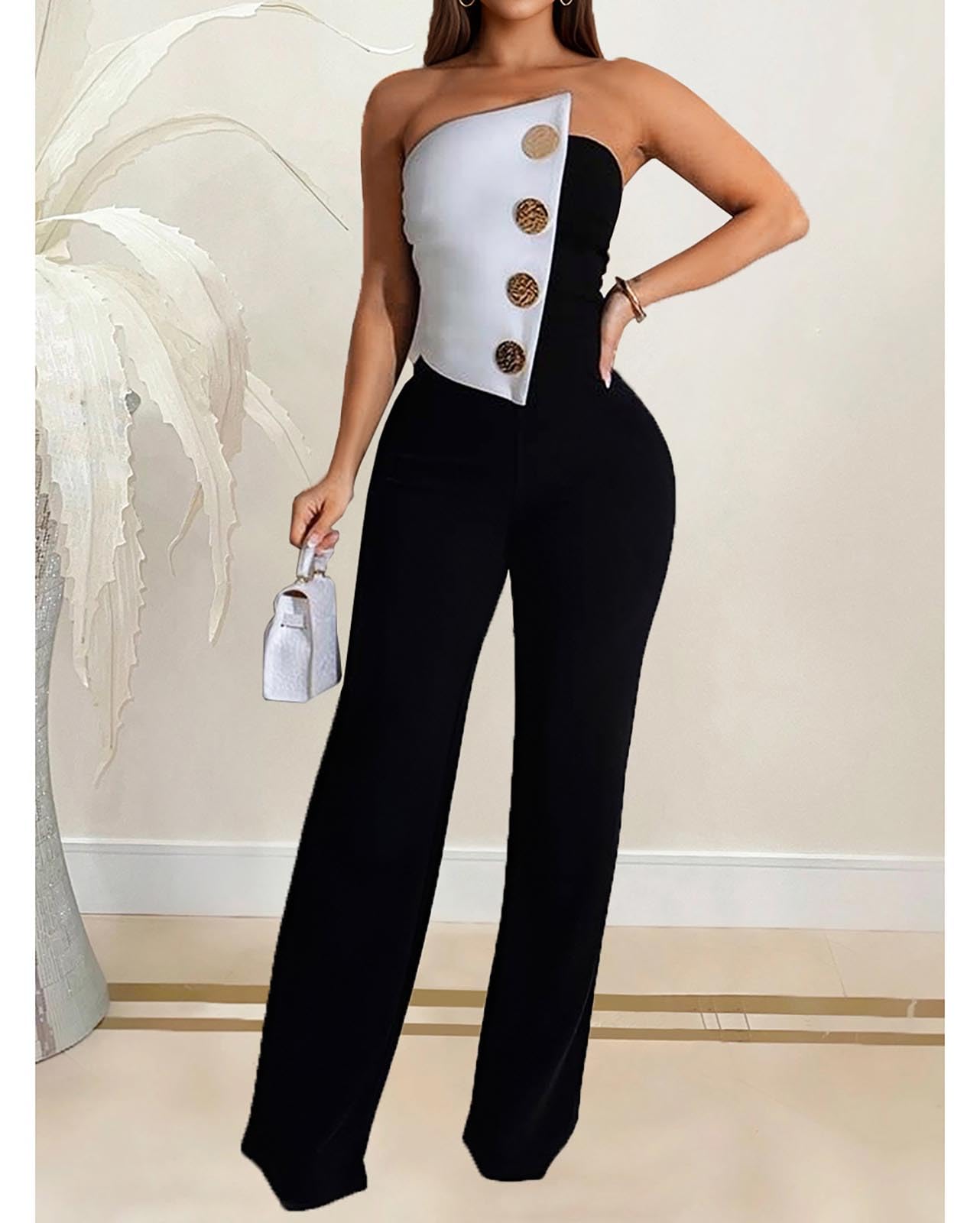 Yuopeid Women's Sexy Strapless Off Shoulder Bodycon Tube Top Overalls Jumpsuit Wide Leg Pants Formal Party Rompers