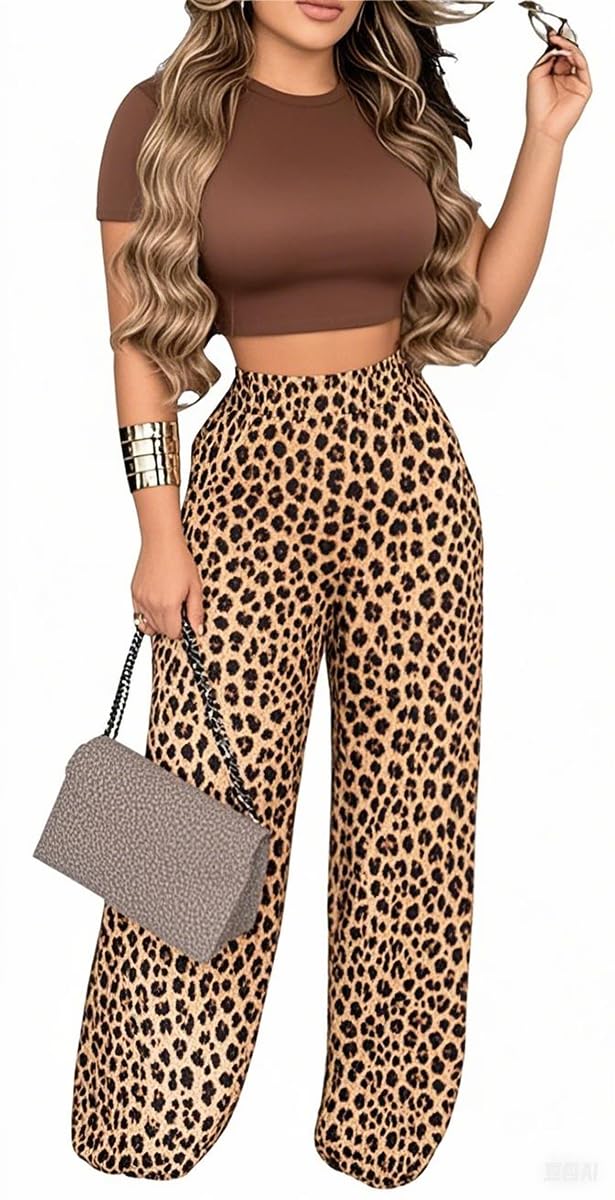 2 Piece Outfits for Women Short Sleeve Crop Top High Waist Wide Leg Long Pant Sets Tracksuit Sport Set