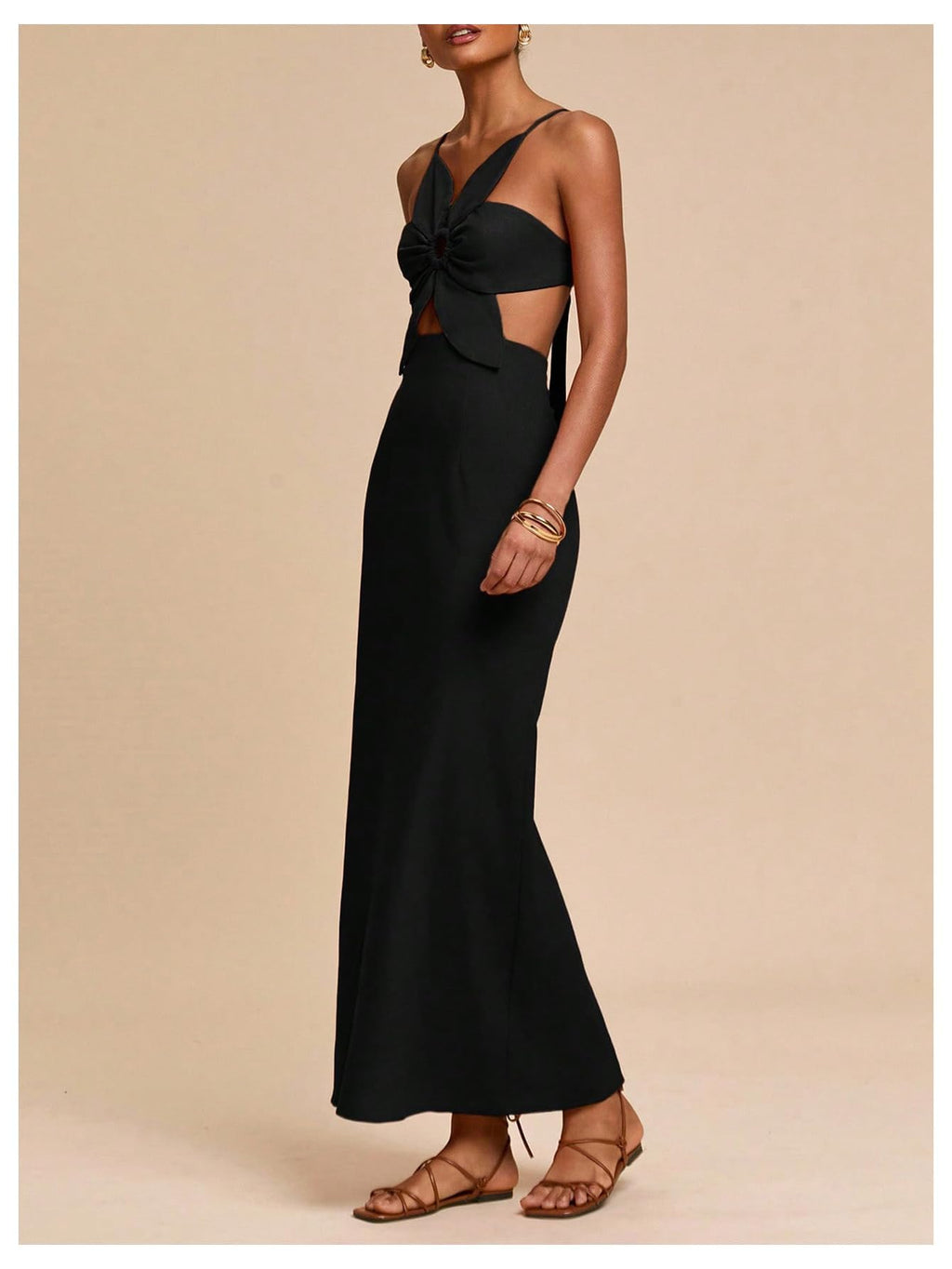 SHENHE Women's Petal Backless Linen Maxi Dress Cut Out Vacation Dresses | Keyhole, Spaghetti Strap, Open Back, Long Dress, Zipper, Summer, Date Night, Cami Dresses