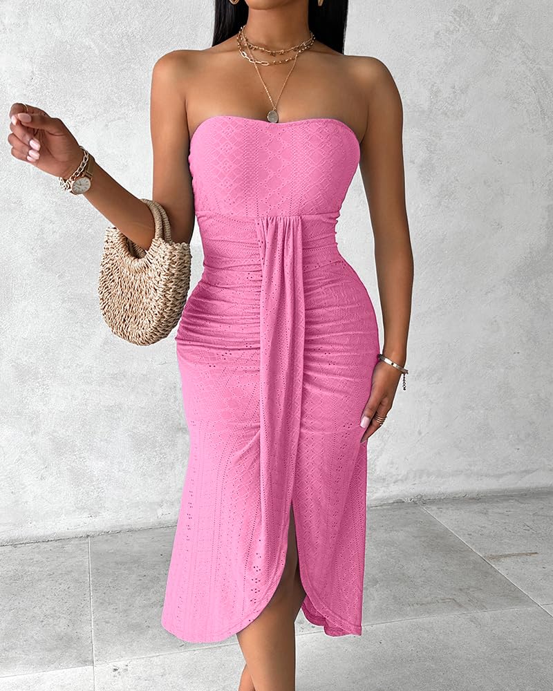 CHICME Women's Strapless Bodycon Maxi Dress Asymmetrical Hem | Ruched Wrap Detail, Eyelet Embroidery, Soft Stretch Fabric, Tube Top Neckline, Beach Vacation Wear, Wedding Guest Outfit