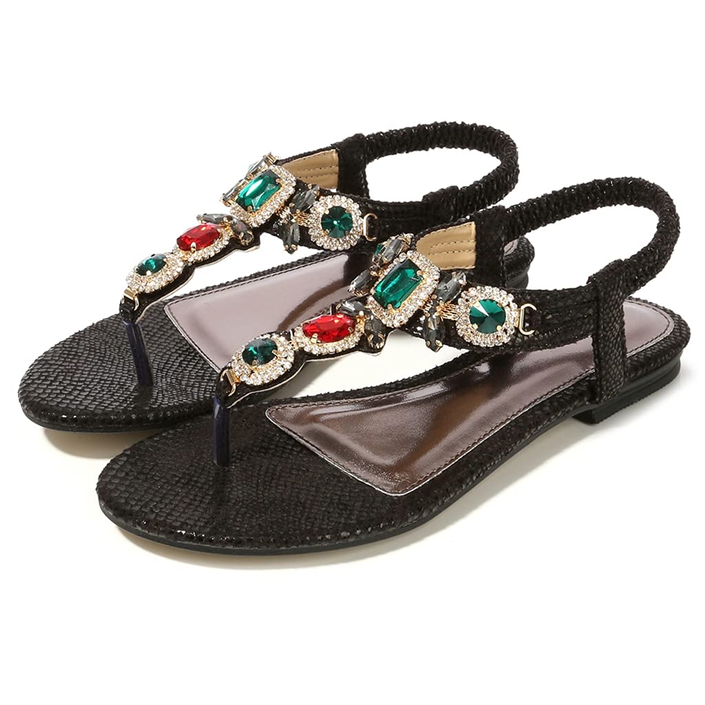 MIOKE Women's Bohemia Bling Jeweled Flat Sandals T-strap Clip Toe Cutout Slingback Summer Beach Flipflops
