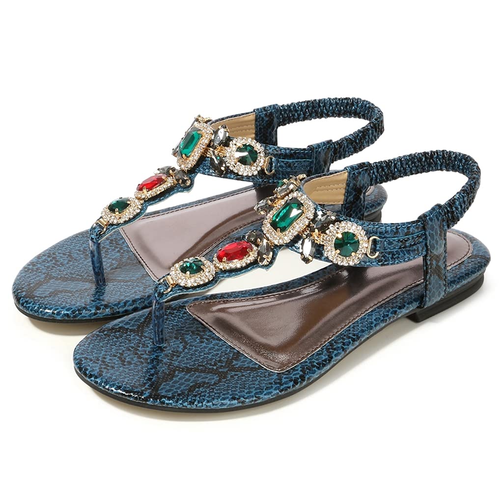 MIOKE Women's Bohemia Bling Jeweled Flat Sandals T-strap Clip Toe Cutout Slingback Summer Beach Flipflops