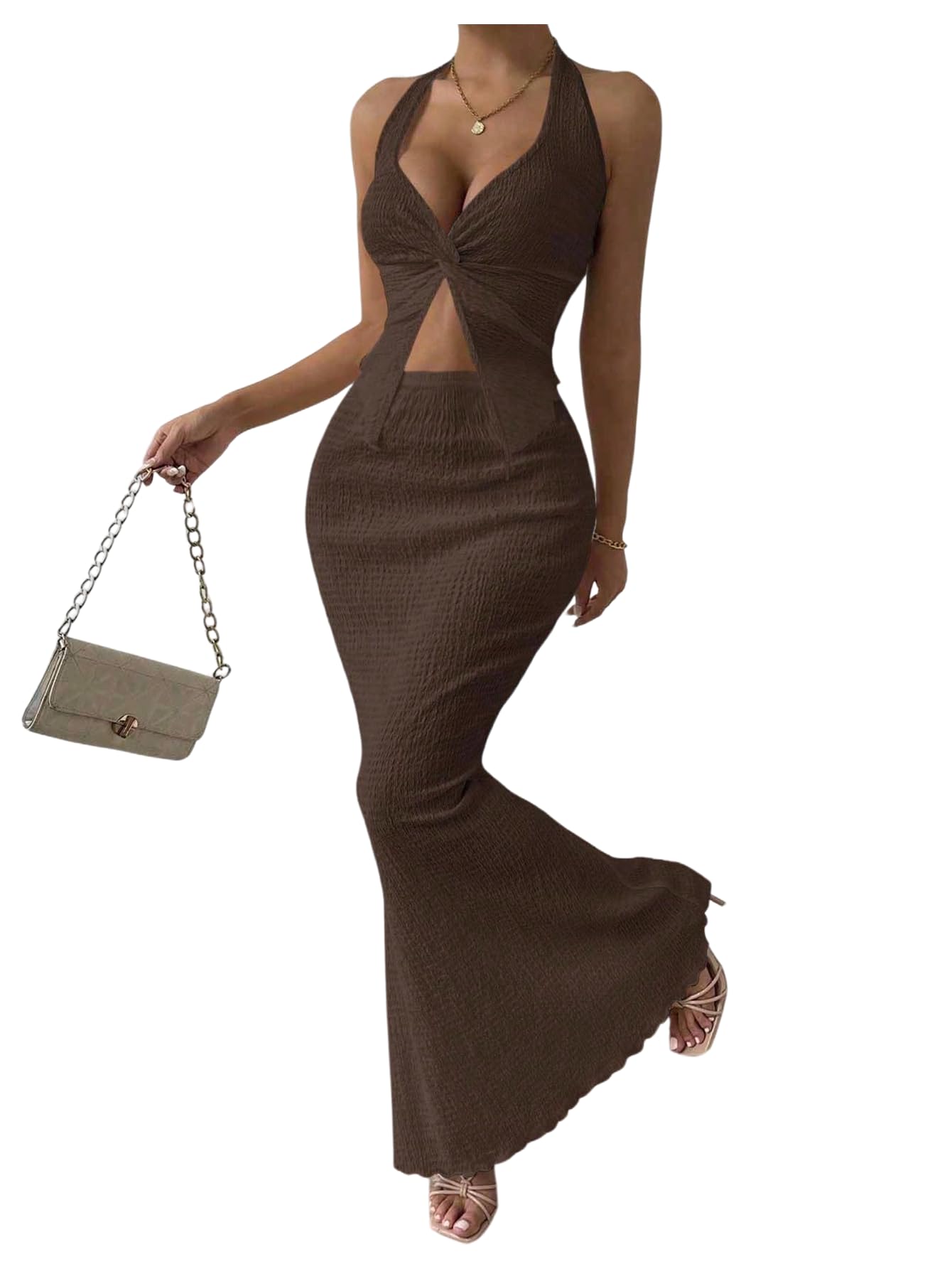 SOLY HUX Women's 2 Piece Outfit Twist Front Halter Cami Skirt Summer Set | Summer Vacation Outfits, Maxi Skirt Set