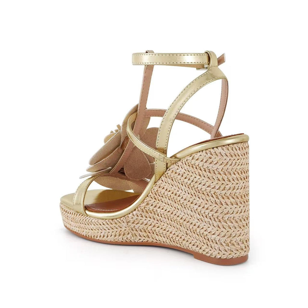 LACIKOS Flowers Wedge Sandals For Women Strappy Raffia Platform Heels | Comfortable Open Toe Espadrilles Casual Ankle Wrap Beach Vacation Wedding