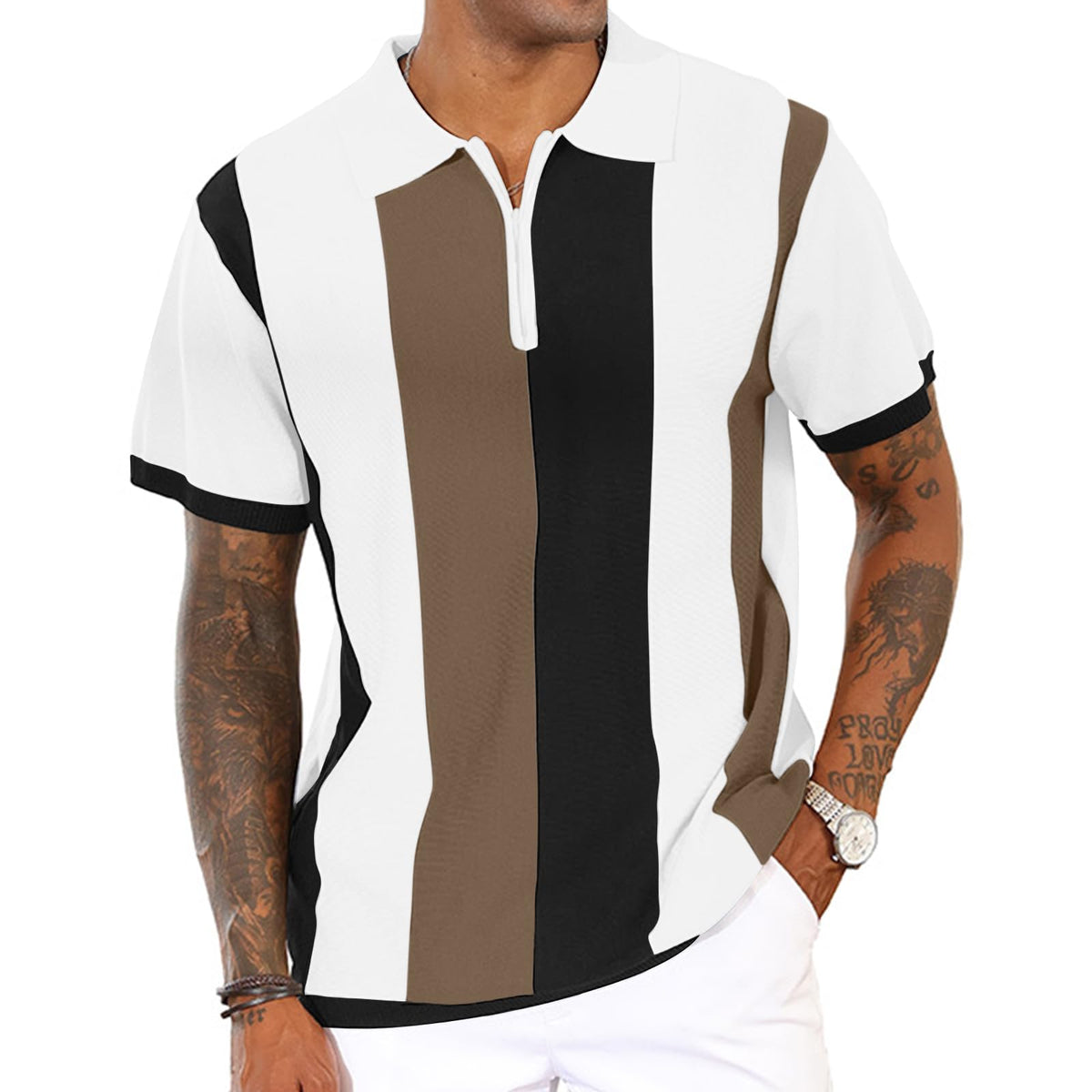 CTU Mens Casual Polo Shirts Vintage Striped Knit Golf Shirts Slim Fit Tops | Fashion,Pullover Dress Shirts,Collared with Zipper,Short Sleeve,Color Blocking,Suit for Daily Casual,Business,Work,Golf