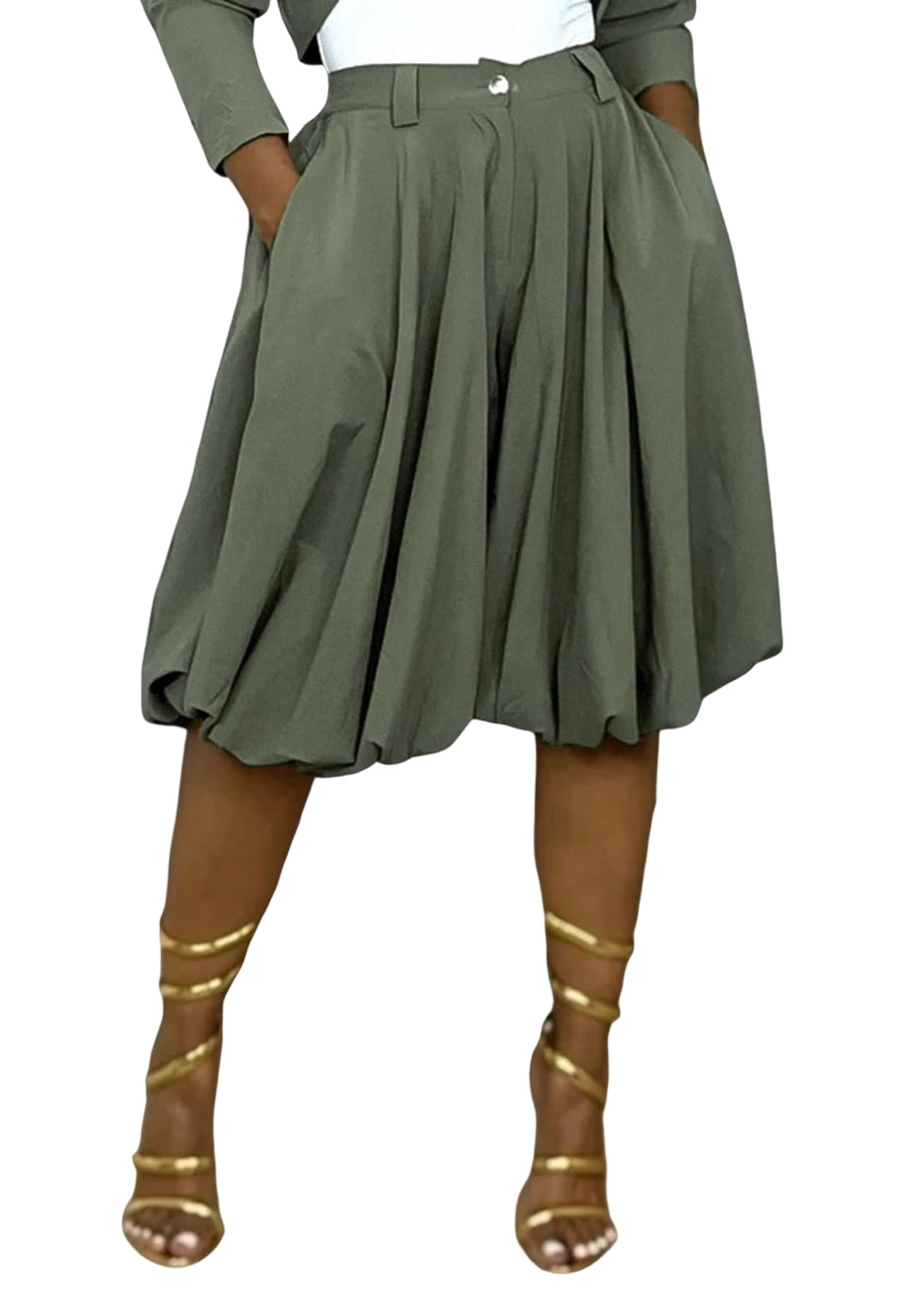 Women's Wide Leg Capri Pants Baggy Pleated Cropped Bubble Pants | High Waisted,with Pockets,Casual,Soft and Lightweight,Skirt Pants,Lantern Balloon Pants