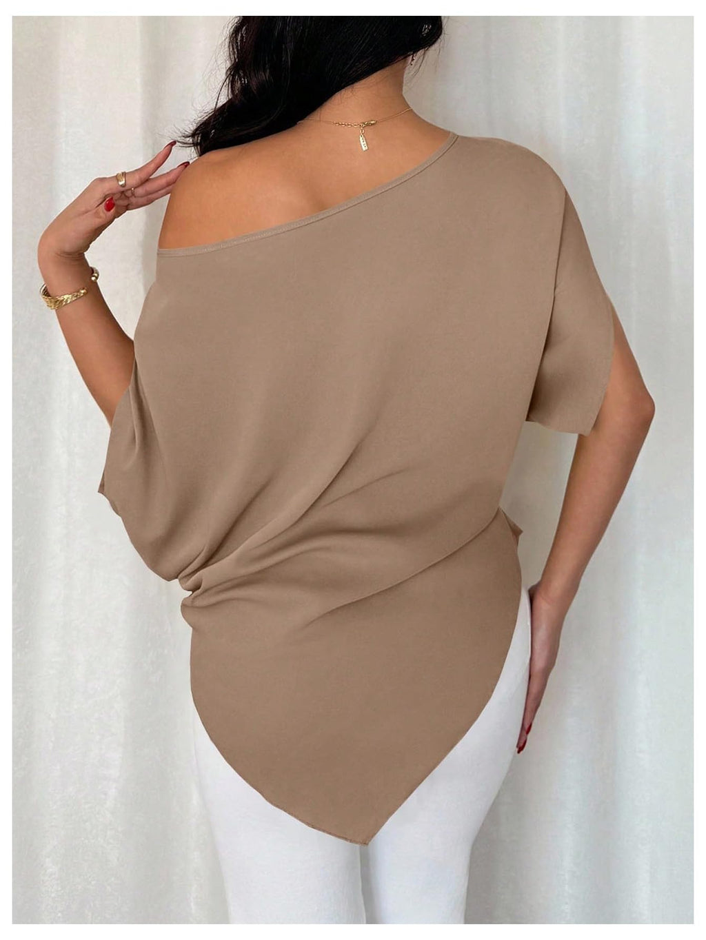 SHENHE Women's Off Shoulder Dolman Sleeve Blouses Asymmetrical Flowy Tops | Casual, Loose, Blouses With Waist Pleats, Asymmetrical, Elegant