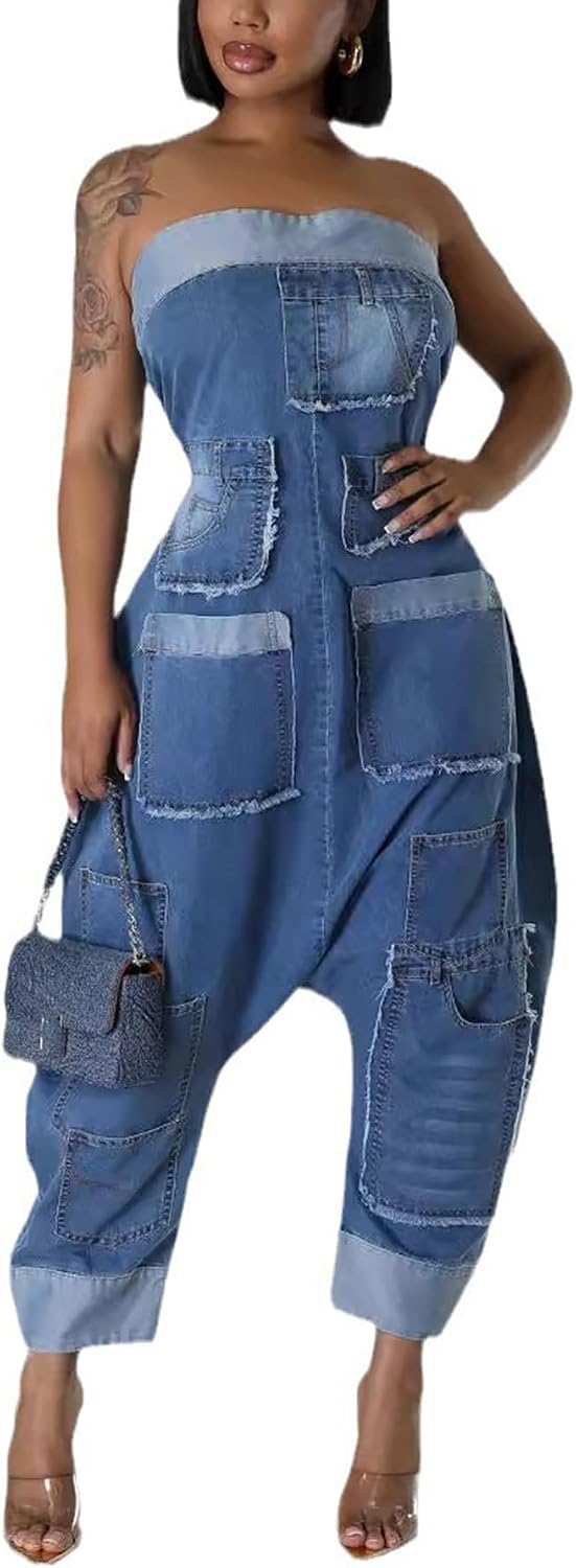 Kwunbwa Strapless Denim Jumpsuit for Women Loose Wide Leg Cargo Jean Romper | Stretch Fabric, Blue One Piece Jean Romper, Patchwork, Multi Pockets, Baggy, Sexy, Plus Size, Suitable for Casual, Street