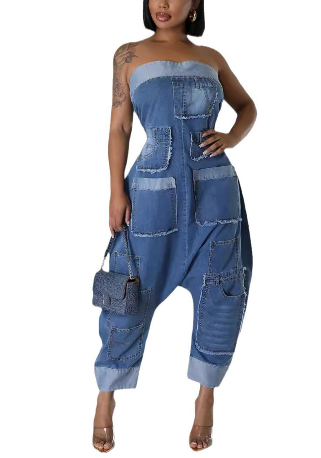 Kwunbwa Strapless Denim Jumpsuit for Women Loose Wide Leg Cargo Jean Romper | Stretch Fabric, Blue One Piece Jean Romper, Patchwork, Multi Pockets, Baggy, Sexy, Plus Size, Suitable for Casual, Street