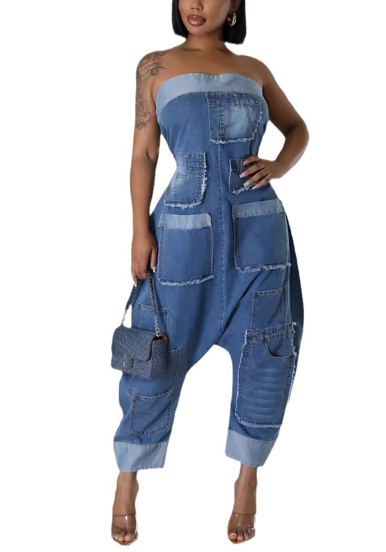 Kwunbwa Strapless Denim Jumpsuit for Women Loose Wide Leg Cargo Jean Romper | Stretch Fabric, Blue One Piece Jean Romper, Patchwork, Multi Pockets, Baggy, Sexy, Plus Size, Suitable for Casual, Street