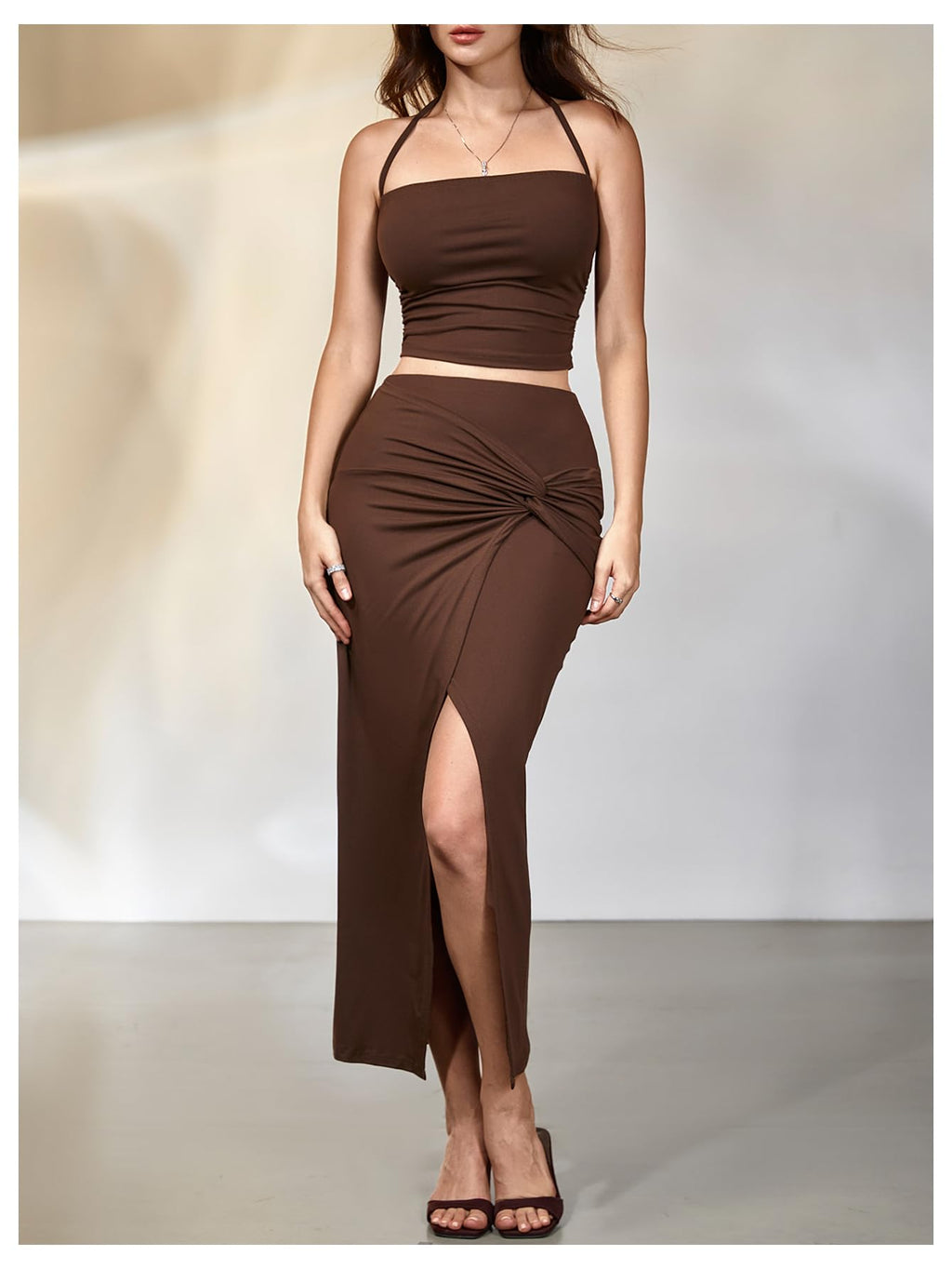 Verdusa Women's 2 Piece Set Summer Vacation Outfits Going Out Matching Set | Ruched Crop Halter Top, Asymmetrical Slit Long Skirt, Two Piece Skirt Set for Women, Summer Sets