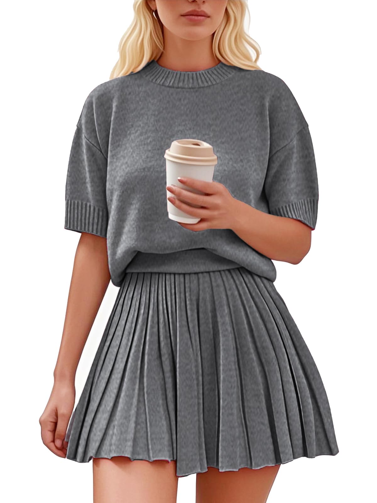 Womens 2 Piece Outfits 2026 Short Sleeve Crewneck Knit Tops And Pleated Mini Skirt Two Piece Sets