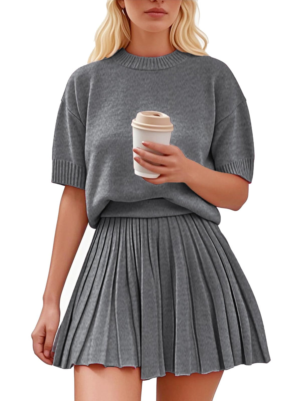 Womens 2 Piece Outfits 2026 Short Sleeve Crewneck Knit Tops And Pleated Mini Skirt Two Piece Sets