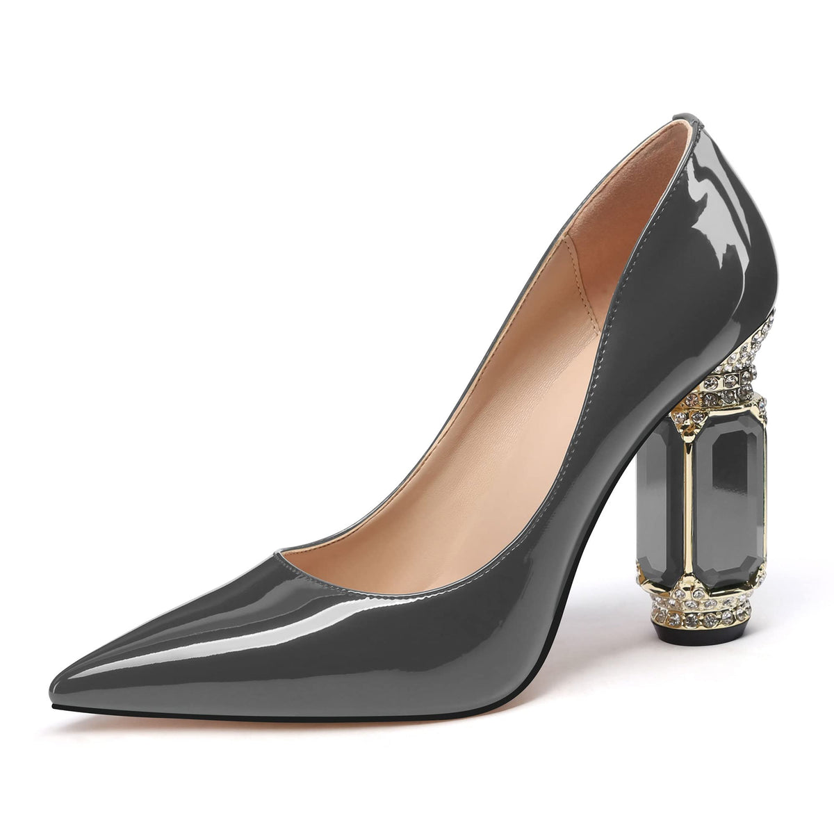JANSEVEN Women Chunky Heels Pumps Crystal Block Heels with Rhinestones Pointed Toe Sexy Gradient Patent Leather Slip on Bridal Party Wedding Dress Shoes 5-13 M US