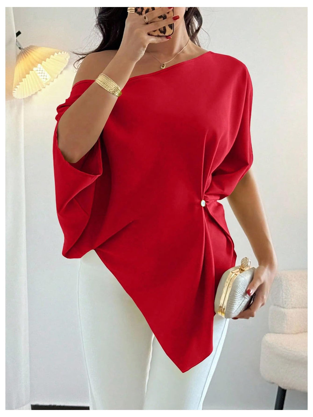 SHENHE Women's Off Shoulder Dolman Sleeve Blouses Asymmetrical Flowy Tops | Casual, Loose, Blouses With Waist Pleats, Asymmetrical, Elegant
