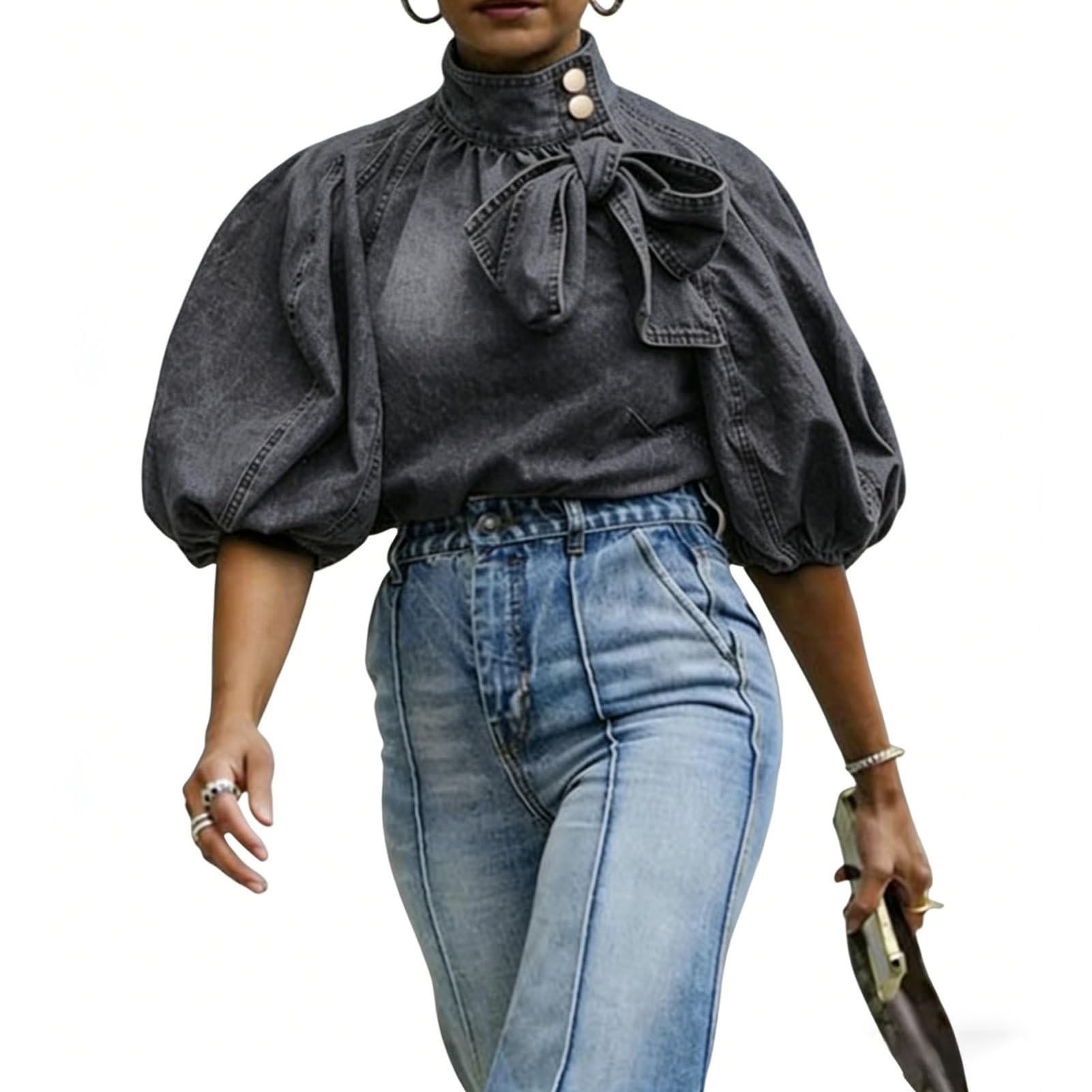 Women's Bow Design Denim Pullover Top Button Up High Neck Fashionable Jacket with Elastic and Puff Sleeves