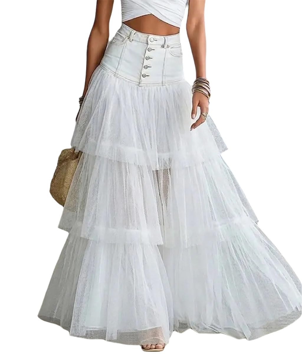 Maxi Skirt for Women Summer Denim Patchwork High Waist Tulle Tiered Flowy Party Club Long Skirts