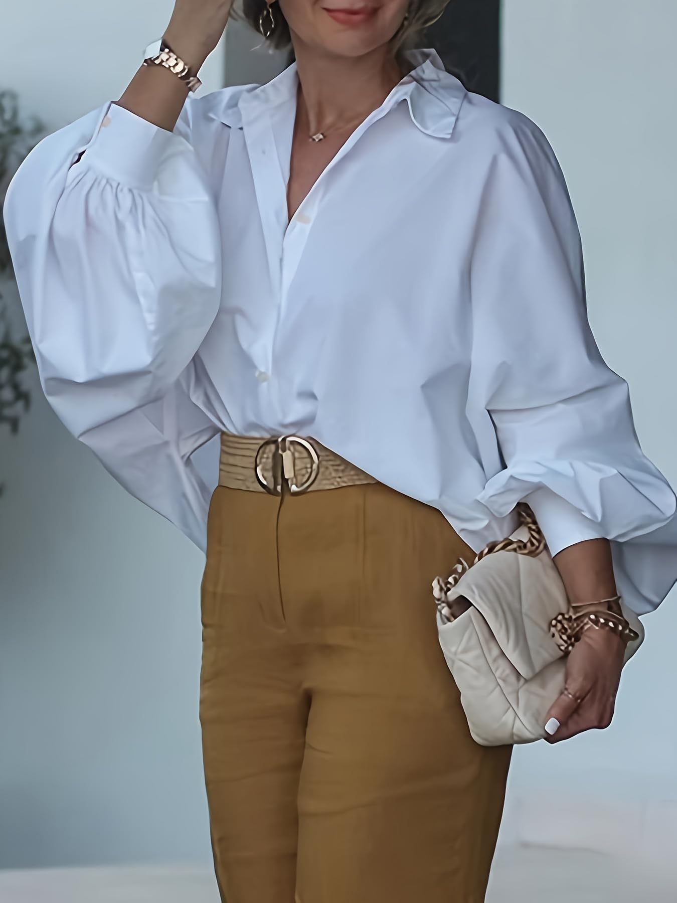 UOOZEE Women's Long Lantern Sleeve Button Down Shirt Cotton Loose Fit Lapel Collar Blouse Dressy Casual Office Work Tops